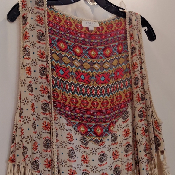 Umgee smock babydoll boho dress with fringed vest - Picture 6 of 8